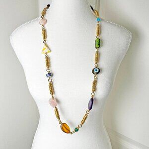 Handcrafted Gold-Toned Bohemian Cocoon Necklace – Multicolored Stones & Beads
